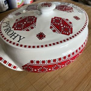 Perogy covered serving dish